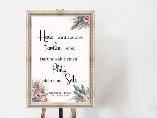 Heute wird aus zwei Familien eine Schild für Hochzeit Leinwand, Poster. Trockenblumen , Boho Strand Hochzeit DIANA