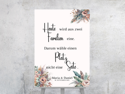Heute wird aus zwei Familien eine Schild für Hochzeit Leinwand, Poster. Trockenblumen , Boho Strand Hochzeit DIANA
