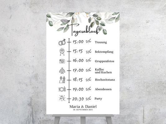 Tagesablauf für Hochzeit Leinwand, Poster . Eukalyptus Vintage ANNA