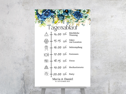 Tagesablauf für Hochzeit Leinwand, Poster . Marine , Blaue Blumen JASMIN