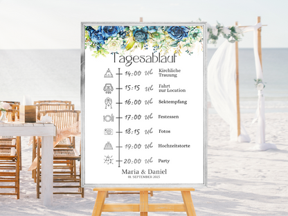 Tagesablauf für Hochzeit Leinwand, Poster . Marine , Blaue Blumen JASMIN