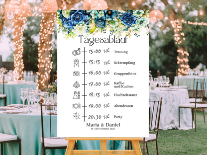 Tagesablauf für Hochzeit Leinwand, Poster . Marine , Blaue Blumen JASMIN