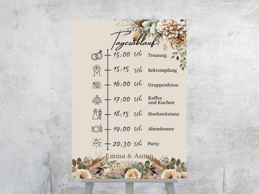 Tagesablauf für Hochzeit Leinwand, Poster . Boho , Beige , Blumen JULIA