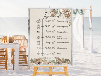 Tagesablauf für Hochzeit Leinwand, Poster . Boho , Beige , Blumen JULIA