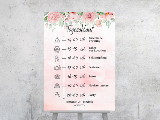 Tagesablauf für Hochzeit Leinwand, Poster . Marine , Blaue Blumen LAURA