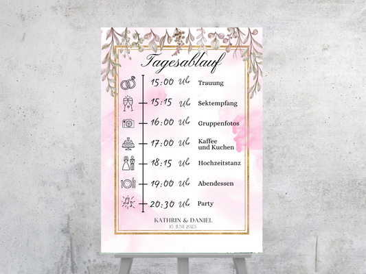Tagesablauf für Hochzeit Leinwand, Poster . Boho , Rosa Blumen MARTA