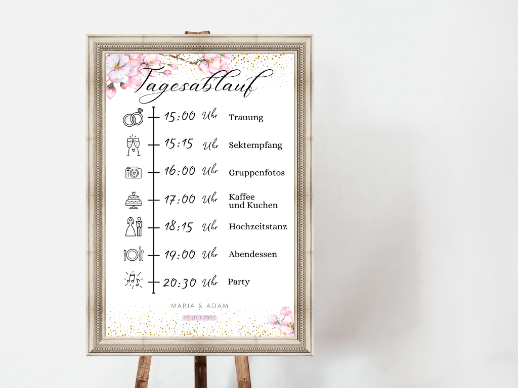 Tagesablauf für Hochzeit Leinwand, Poster . Kirschblüten , Rosa , Vintage LEA