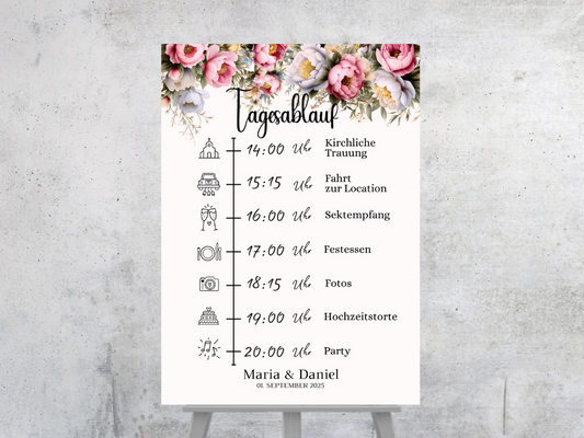Tagesablauf für Hochzeit Leinwand, Poster . Rote Blumen Boho KATRIN