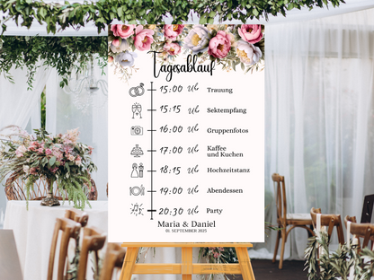 Tagesablauf für Hochzeit Leinwand, Poster . Rote Blumen Boho KATRIN