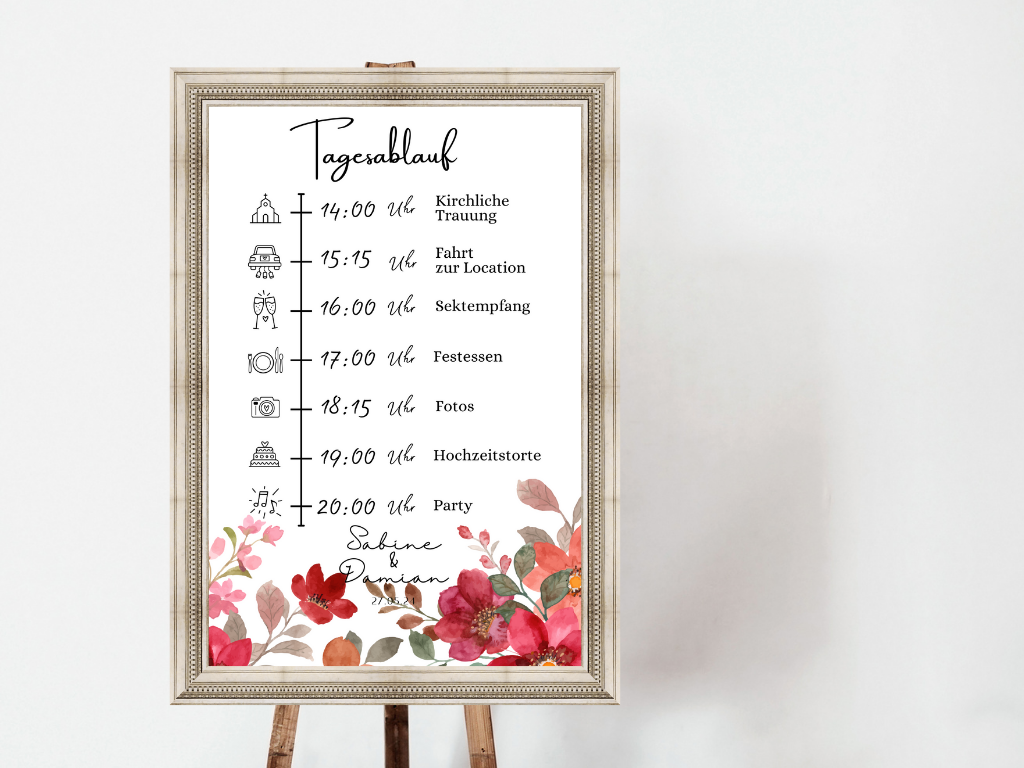 Tagesablauf für Hochzeit Leinwand, Poster . Bunte Blumen , Rot , Vintage NATALIE