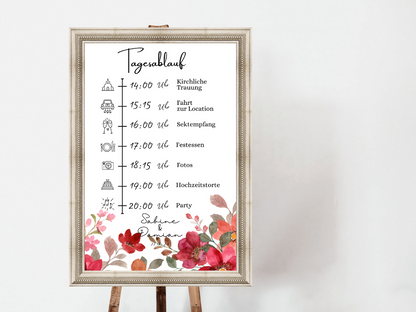 Tagesablauf für Hochzeit Leinwand, Poster . Bunte Blumen , Rot , Vintage NATALIE