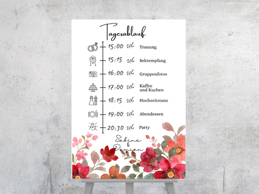 Tagesablauf für Hochzeit Leinwand, Poster . Bunte Blumen , Rot , Vintage NATALIE