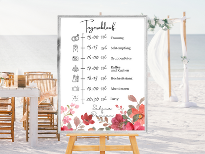 Tagesablauf für Hochzeit Leinwand, Poster . Bunte Blumen , Rot , Vintage NATALIE