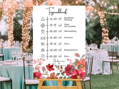 Tagesablauf für Hochzeit Leinwand, Poster . Bunte Blumen , Rot , Vintage NATALIE