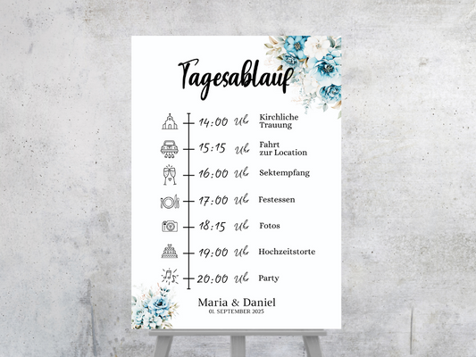Tagesablauf für Hochzeit Leinwand, Poster . Strand Hochzeit , Marine , Blaue Blumen ALICE