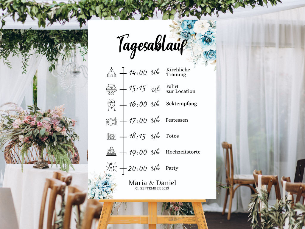 Tagesablauf für Hochzeit Leinwand, Poster . Strand Hochzeit , Marine , Blaue Blumen ALICE