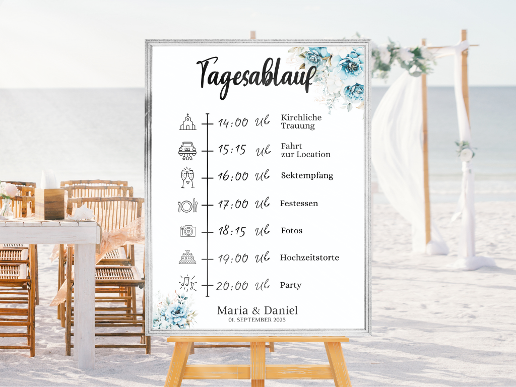 Tagesablauf für Hochzeit Leinwand, Poster . Strand Hochzeit , Marine , Blaue Blumen ALICE