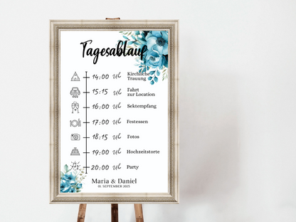 Tagesablauf für Hochzeit Leinwand, Poster . Strand Hochzeit , Marine , Blaue Blumen LINDA