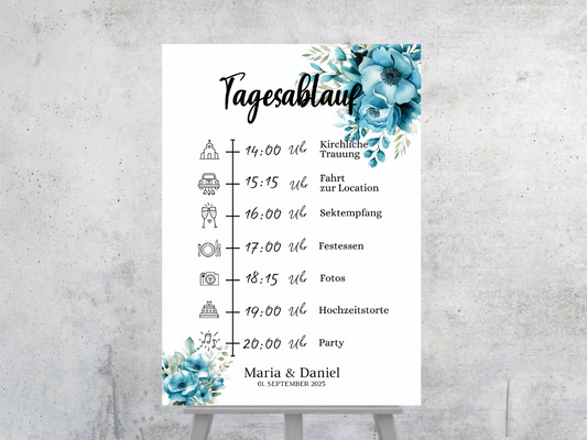 Tagesablauf für Hochzeit Leinwand, Poster . Strand Hochzeit , Marine , Blaue Blumen LINDA