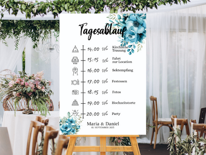 Tagesablauf für Hochzeit Leinwand, Poster . Strand Hochzeit , Marine , Blaue Blumen LINDA