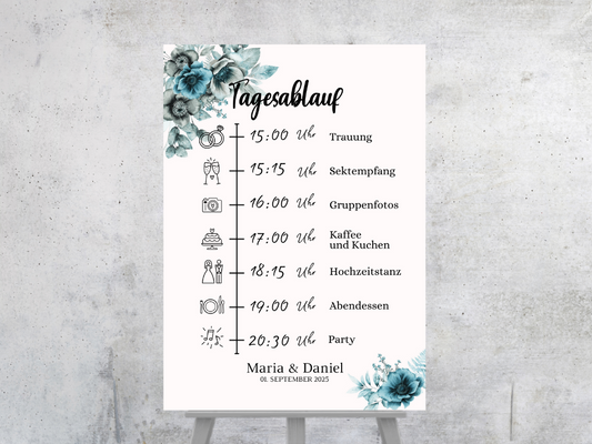 Tagesablauf für Hochzeit Leinwand, Poster . Strand Hochzeit , Marine , Blaue Blumen MILA