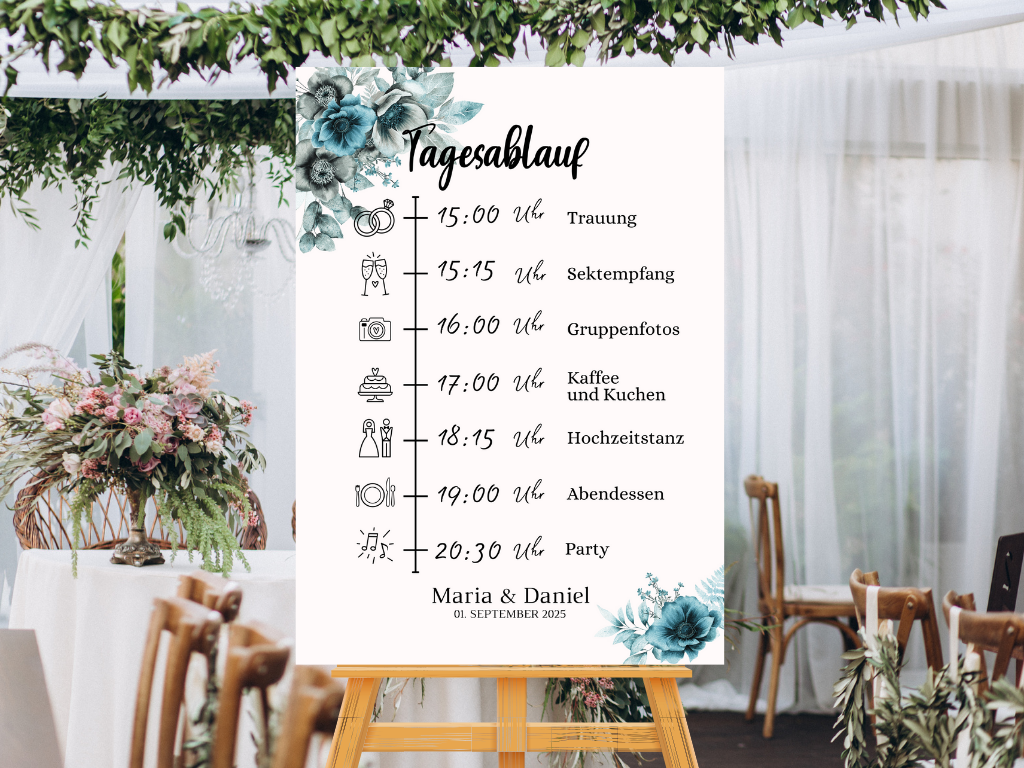 Tagesablauf für Hochzeit Leinwand, Poster . Strand Hochzeit , Marine , Blaue Blumen MILA