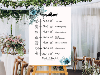 Tagesablauf für Hochzeit Leinwand, Poster . Strand Hochzeit , Marine , Blaue Blumen MILA