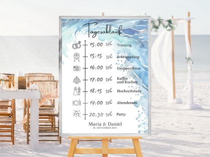 Tagesablauf für Hochzeit Leinwand, Poster . Strand Hochzeit , Meer Motiv , Vintage EMMA
