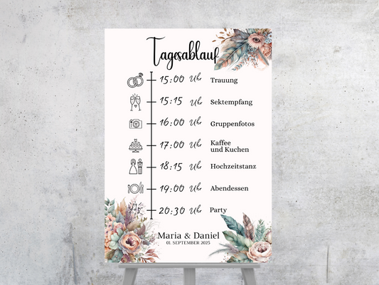 Tagesablauf für Hochzeit Leinwand, Poster . Trockenblumen , Boho Strand Hochzeit DIANA