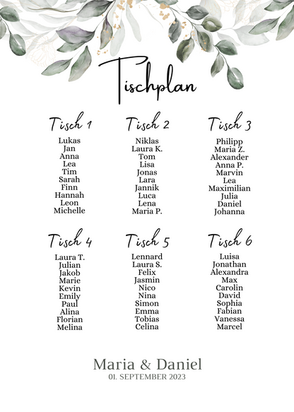 Personalisierter Hochzeits Sitzplan - Leinwand , Poster - Eukalyptus Vintage ANNA