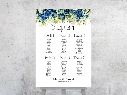 Personalisierter Hochzeits Sitzplan - Leinwand , Poster - Marine , Blaue Blumen JASMIN