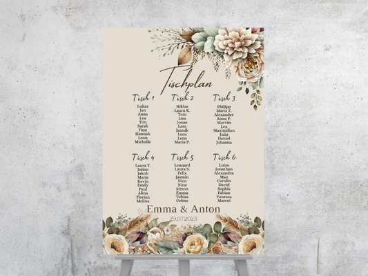Personalisierter Hochzeits Sitzplan - Leinwand , Poster - Boho , Beige , Blumen JULIA