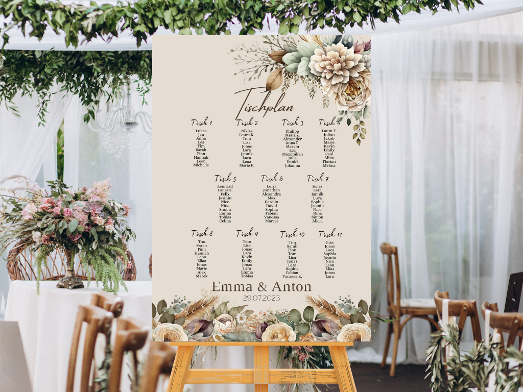Personalisierter Hochzeits Sitzplan - Leinwand , Poster - Boho , Beige , Blumen JULIA
