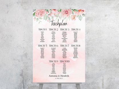 Personalisierter Hochzeits Sitzplan - Leinwand , Poster - Boho , Rosa Blumen LAURA