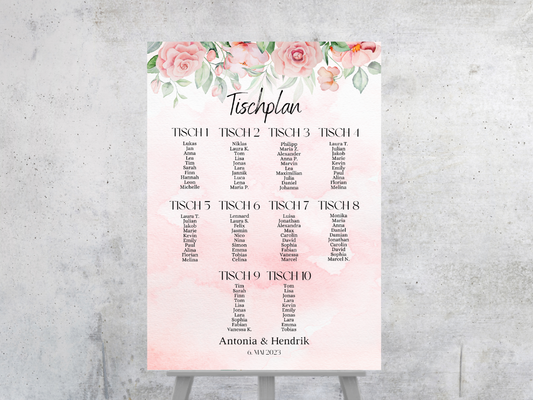 Personalisierter Hochzeits Sitzplan - Leinwand , Poster - Boho , Rosa Blumen LAURA