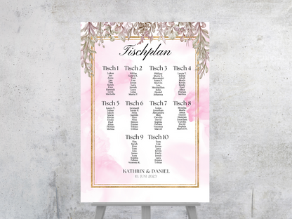 Personalisierter Hochzeits Sitzplan - Leinwand , Poster - Boho , Rosa Blumen MARTA