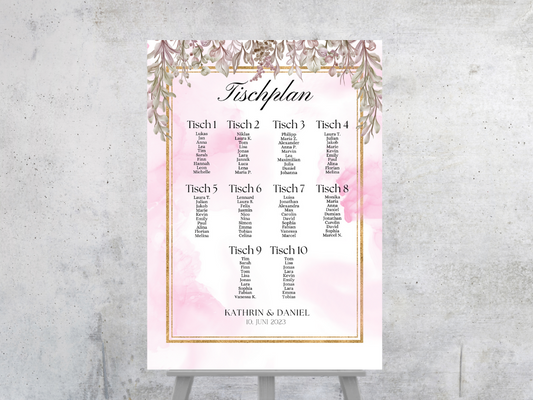 Personalisierter Hochzeits Sitzplan - Leinwand , Poster - Boho , Rosa Blumen MARTA