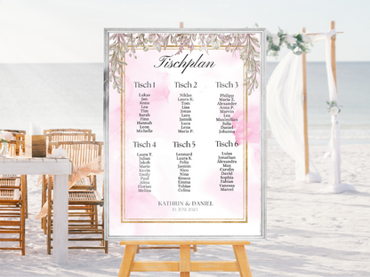 Personalisierter Hochzeits Sitzplan - Leinwand , Poster - Boho , Rosa Blumen MARTA