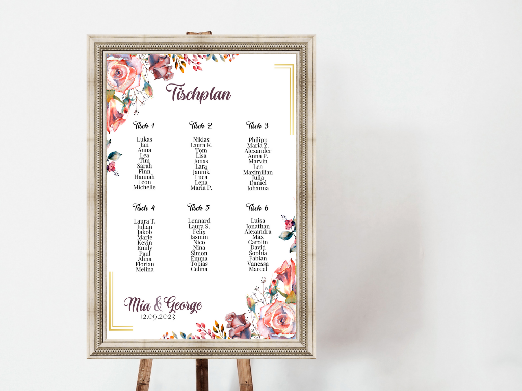 Personalisierter Hochzeits Sitzplan - Leinwand , Poster - Boho , Rosa Blumen SOPHIE