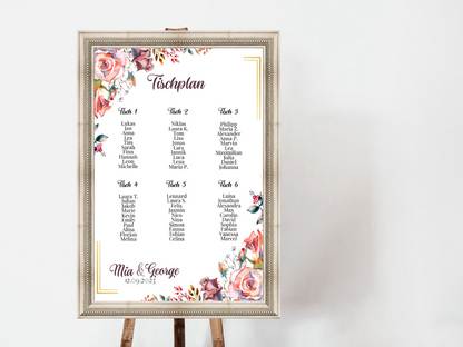 Personalisierter Hochzeits Sitzplan - Leinwand , Poster - Boho , Rosa Blumen SOPHIE