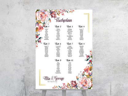 Personalisierter Hochzeits Sitzplan - Leinwand , Poster - Boho , Rosa Blumen SOPHIE
