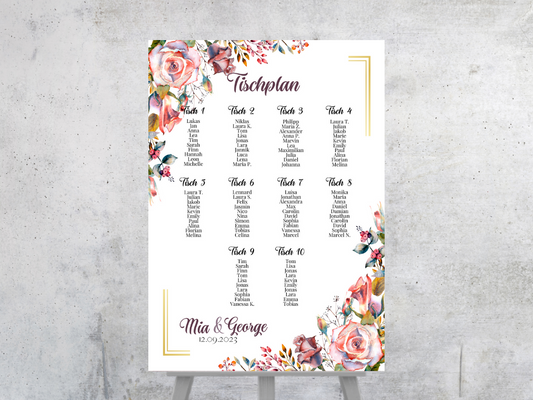 Personalisierter Hochzeits Sitzplan - Leinwand , Poster - Boho , Rosa Blumen SOPHIE