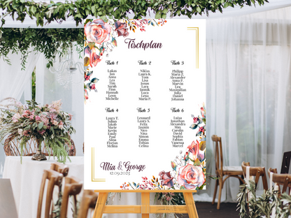 Personalisierter Hochzeits Sitzplan - Leinwand , Poster - Boho , Rosa Blumen SOPHIE