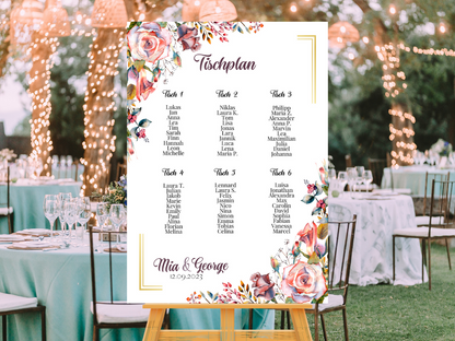 Personalisierter Hochzeits Sitzplan - Leinwand , Poster - Boho , Rosa Blumen SOPHIE