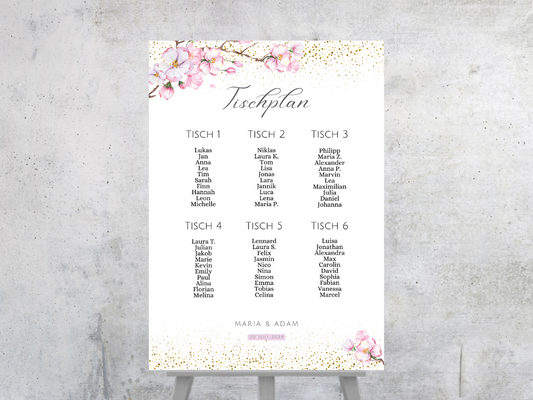Personalisierter Hochzeits Sitzplan - Leinwand , Poster - Kirschblüten , Rosa , Vintage LEA