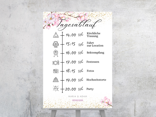 Tagesablauf für Hochzeit Leinwand, Poster . Kirschblüten , Rosa , Vintage LEA