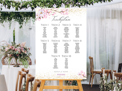 Personalisierter Hochzeits Sitzplan - Leinwand , Poster - Kirschblüten , Rosa , Vintage LEA