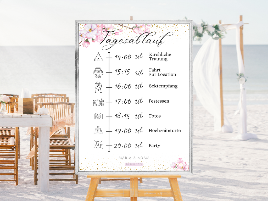 Tagesablauf für Hochzeit Leinwand, Poster . Kirschblüten , Rosa , Vintage LEA