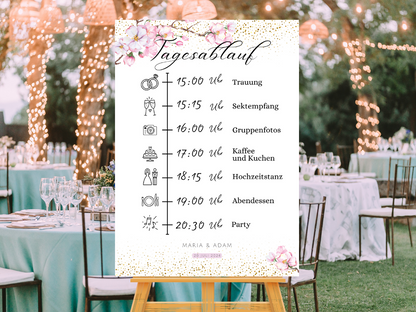 Tagesablauf für Hochzeit Leinwand, Poster . Kirschblüten , Rosa , Vintage LEA