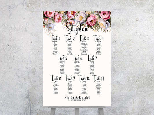 Personalisierter Hochzeits Sitzplan - Leinwand , Poster - Rote Blumen Boho KATRIN